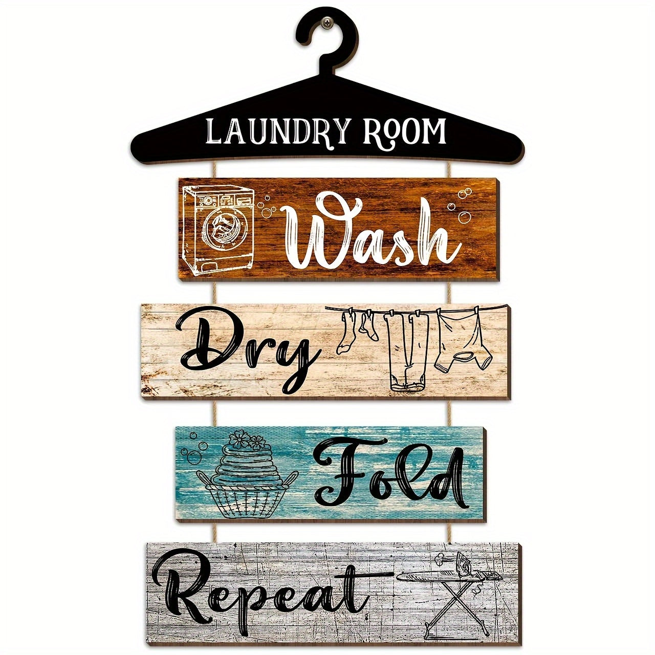 Vintage "Wash, Dry, Fold, Repeat" laundry room wall sign for a polished farmhouse décor – 19.7x11".