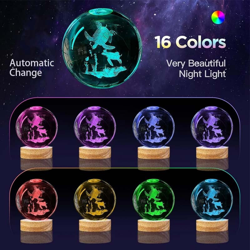 3D Turtle Crystal Ball LED Lamp – 16-Color USB Glass Sphere, 2.36"