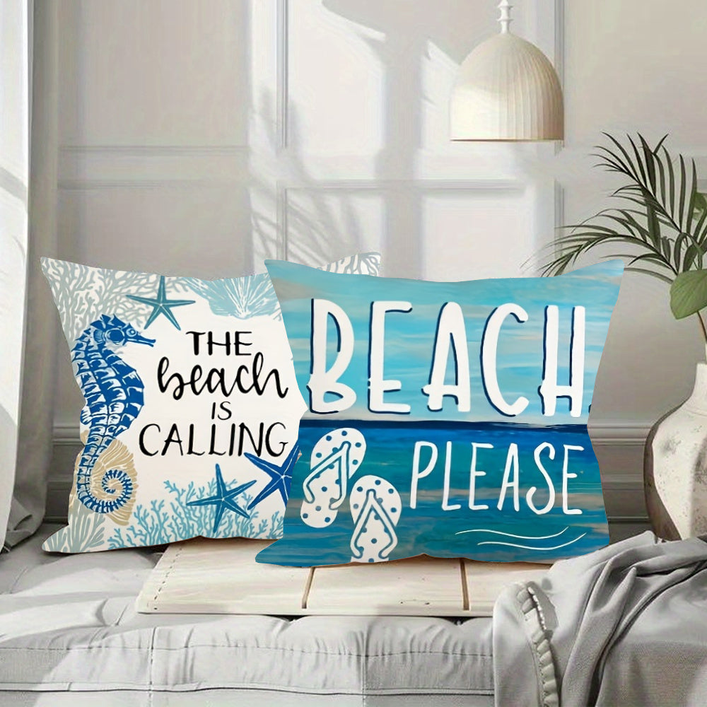 Summer Ocean Beach Pillowcase – Coastal Marine Life Design, 18x18"