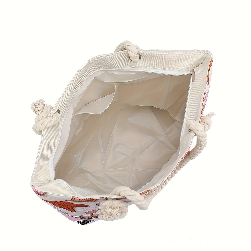 Large 14-Inch Starfish & Shells Nylon Tote | Zipper Closure with Rope Handles