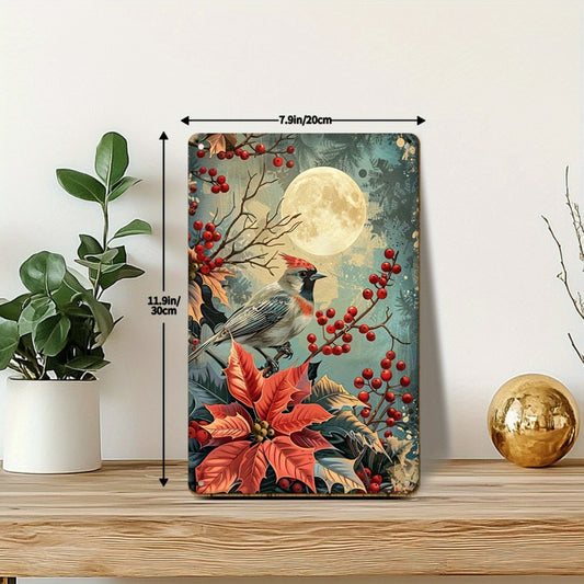 Cardinal on Poinsettia Metal Sign – 8x12" Holiday Wall Decor