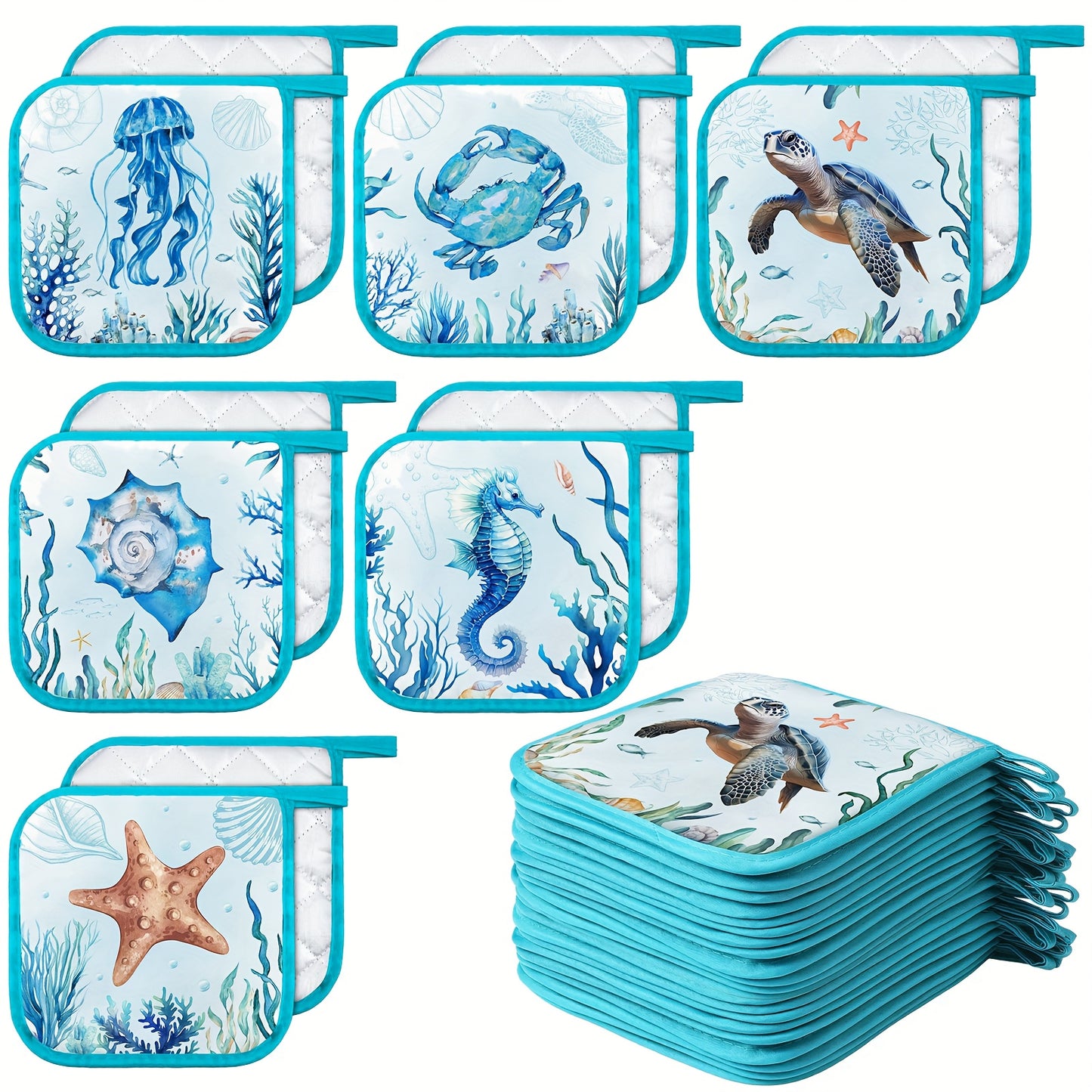 6 Sets of Marine Animal Pot Holders with Pockets – Heat-Resistant Kitchen Accessories