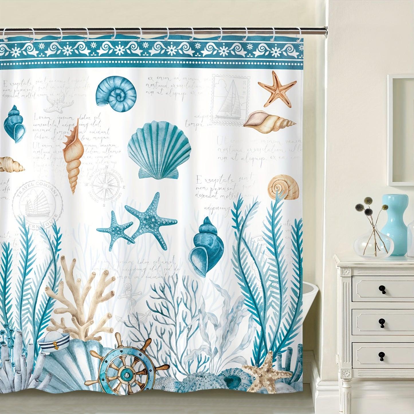 Illustrated Seashell & Coral Shower Curtain Set (4-Piece) – Blue & Teal
