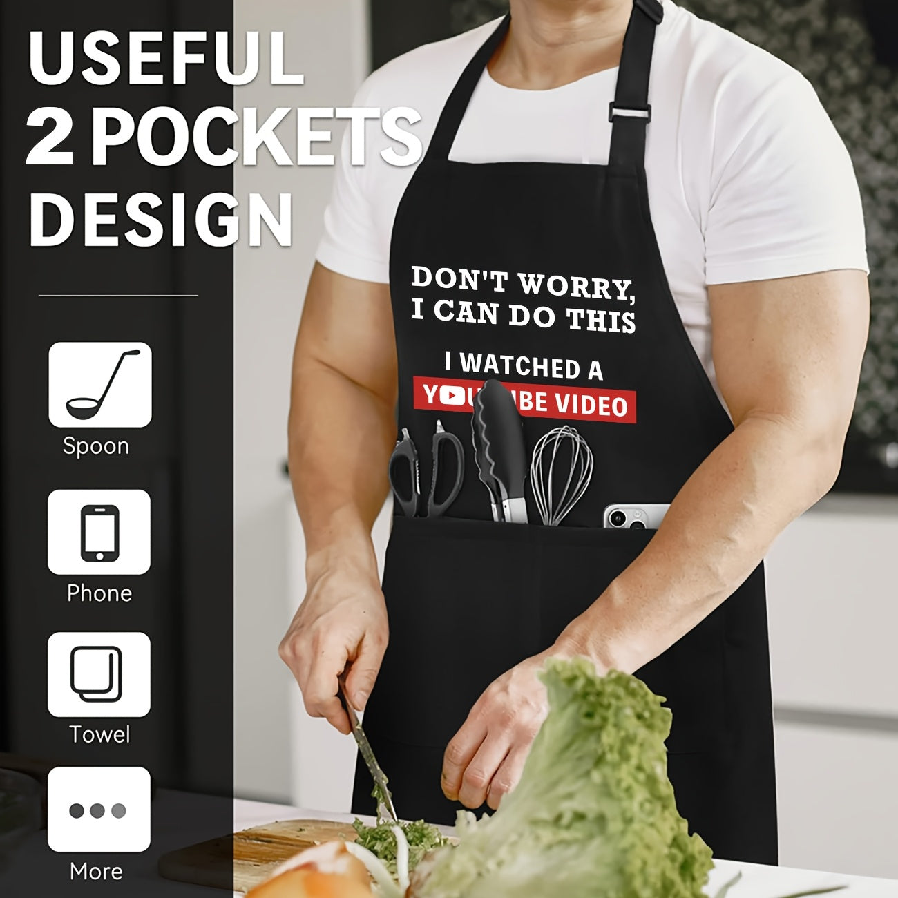 "Don't Worry, I can do this..." Black Apron – Adjustable Unisex Cooking & BBQ Apron with Pockets (25.6" x 30")