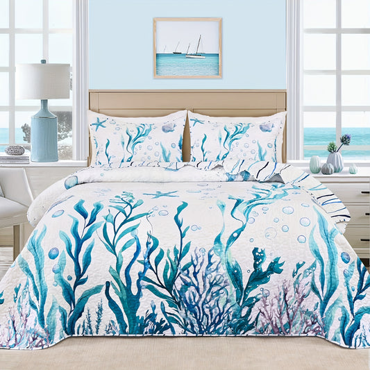 Ocean-Themed Reversible Quilt Set – 3-Piece Queen & King Bedding