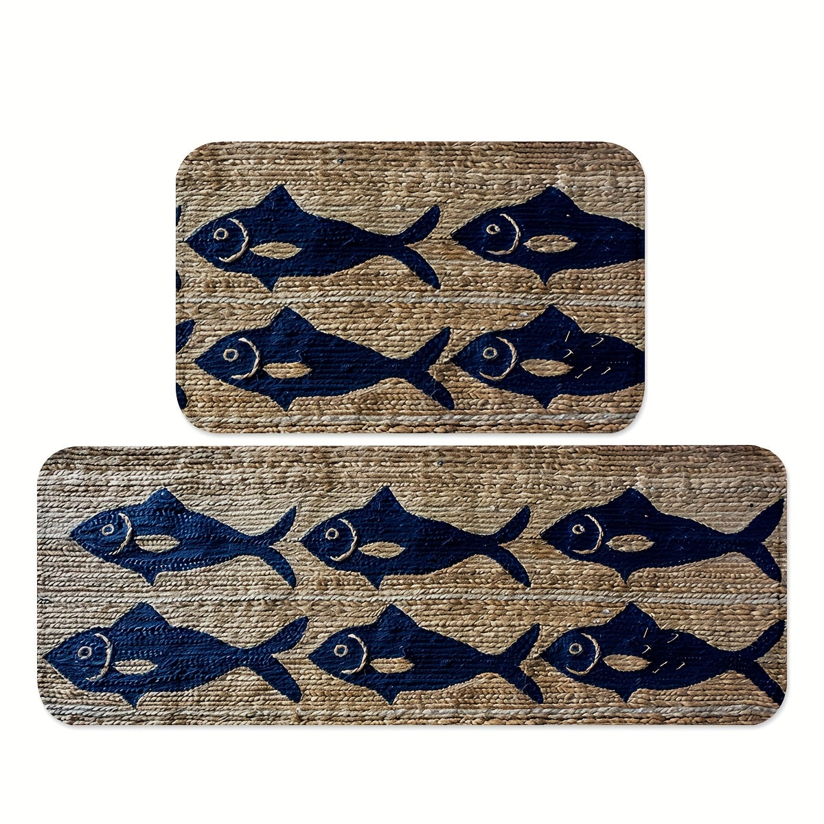 Absorbent flannel polyester coastal-style rectangular sponge mat with blue fish pattern on textured light wood-grain background, styled on the floor for bathroom or kitchen décor – Coastal Pillows Plus.