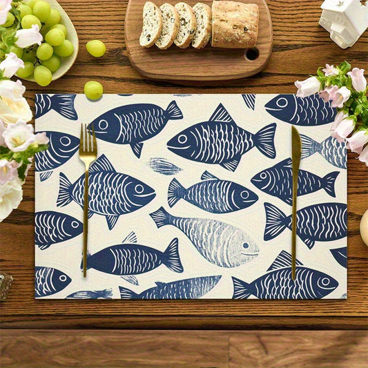 4-Piece Blue & White Fish Pattern Placemat Set – Linocut Style, 12x18"