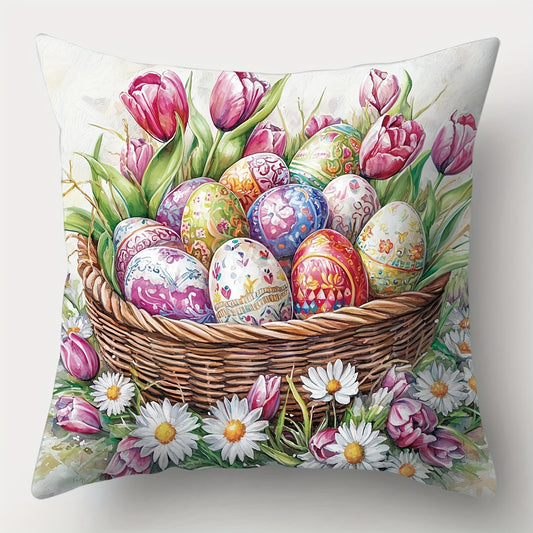 Endearing 18x18 inch Easter pillowcase with bunnies, chicks, lambs, eggs, and pastel floral patterns, styled on sofas or chairs for spring and Easter décor – Coastal Pillows Plus