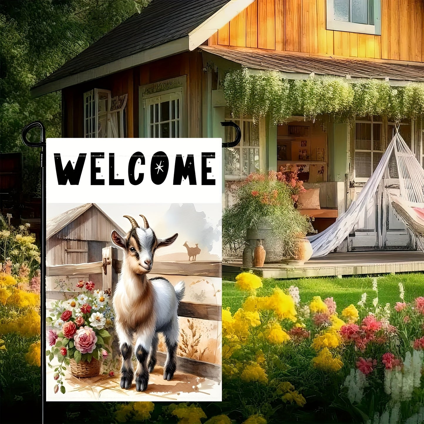 Welcome Goat & Flowers Garden Flag – 12" x 18"