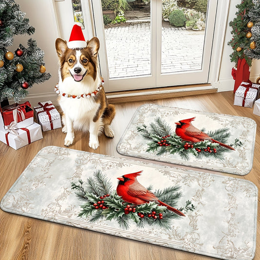 Holiday Cardinal & Pine Branch Doormat – Non-Slip, Machine Washable, 1.5'x2.5' / 1.5'x4'