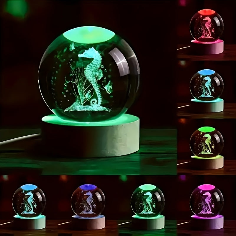 3D Seahorse Crystal Night Light – Color-Changing LED with Bamboo Base, 2"x3"