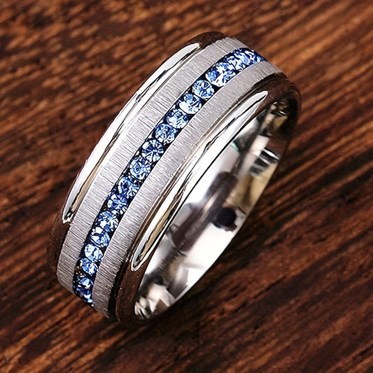 Stainless Steel Men’s Ring with Blue Rhinestones – Size 13