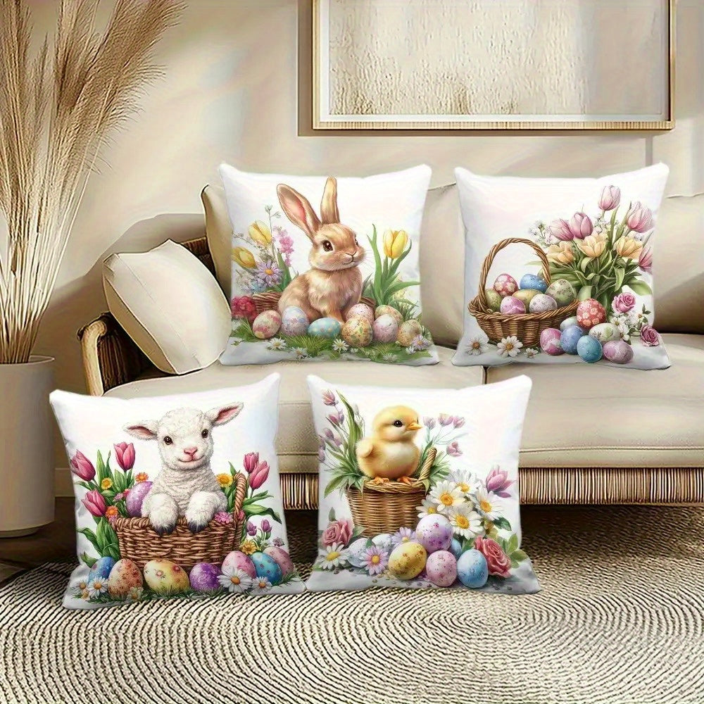 Enchanting 16x16 inch Easter pillow cover featuring watercolor bunny, chick, and lamb illustrations with spring florals for festive décor – Coastal Pillows Plus.