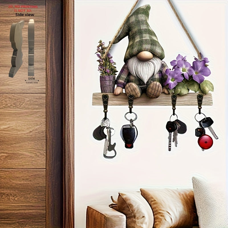 Plaid Gnome Wall-Mounted Key Holder – Whimsical Farmhouse Design, 9.8x11.8