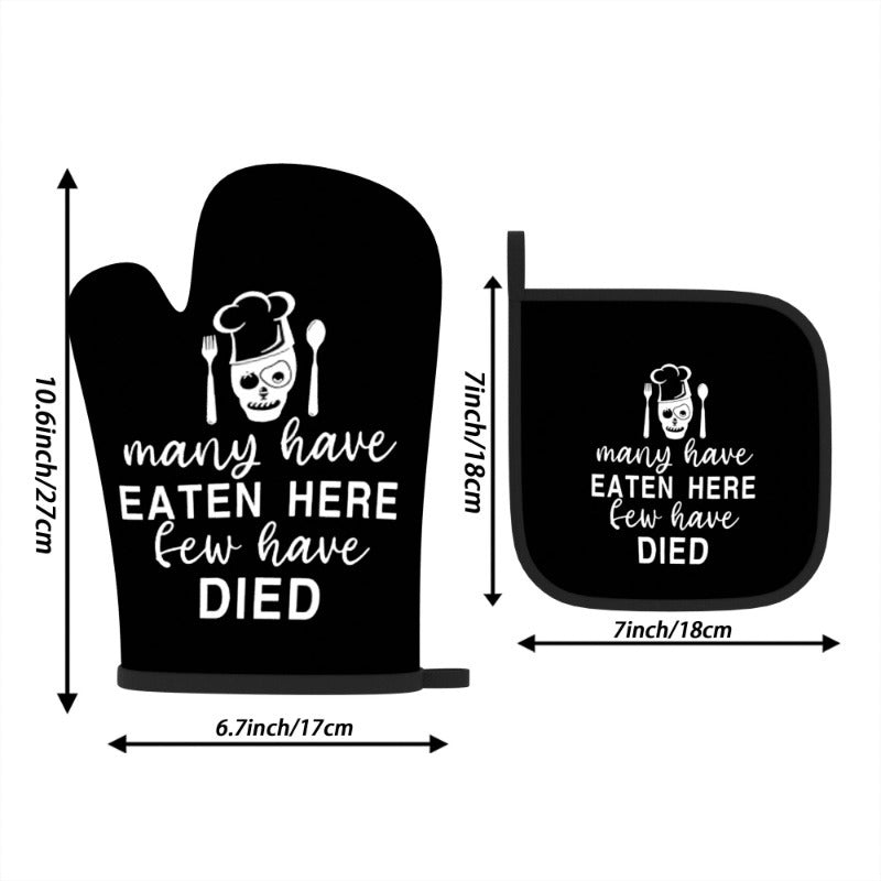 "Many have eaten here..." Heat-Resistant Oven Mitt & Pot Holder Set – Black with White