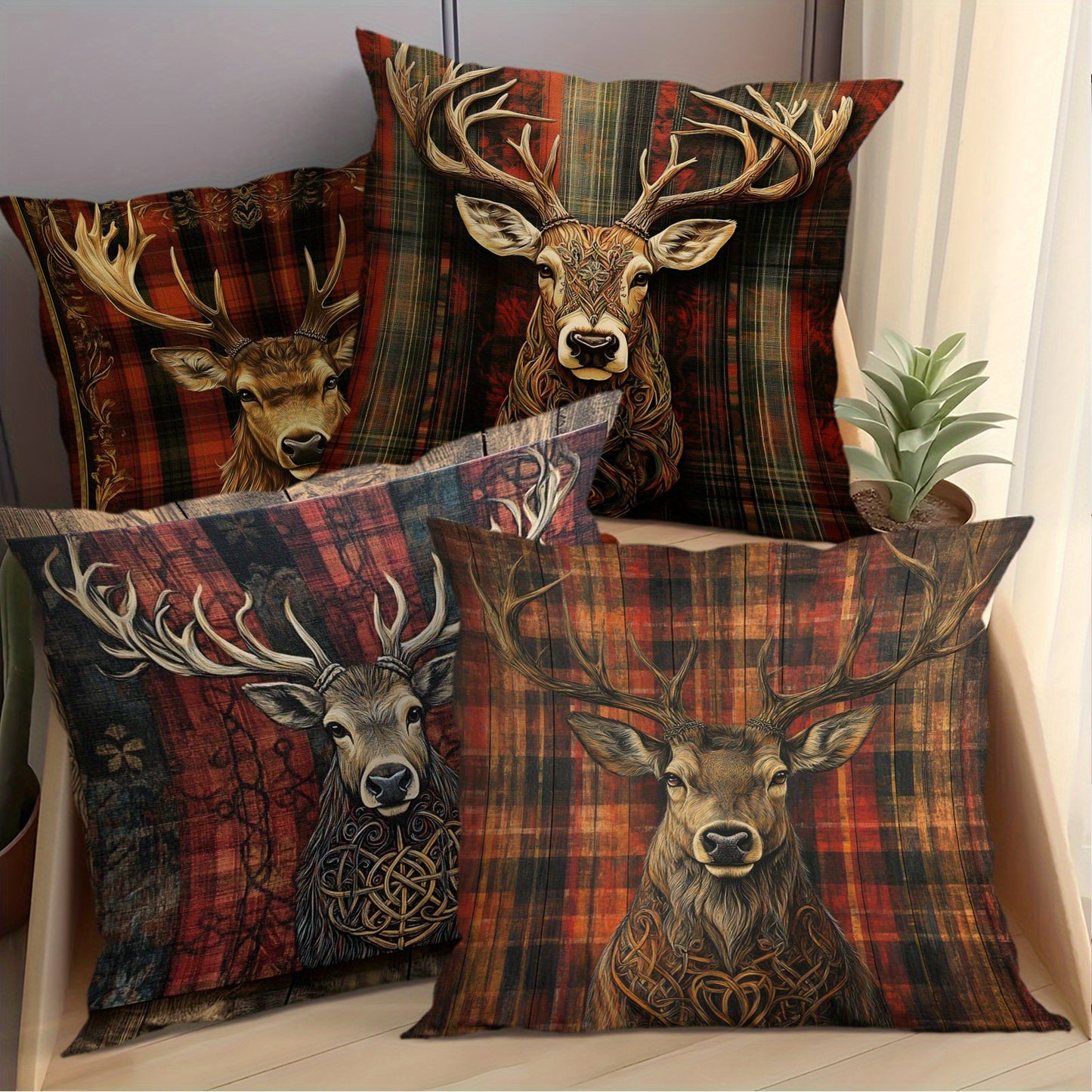 Plaid Deer & Celtic Knot Pillow Cover – Celtic Knot Medallion, 18"x18"