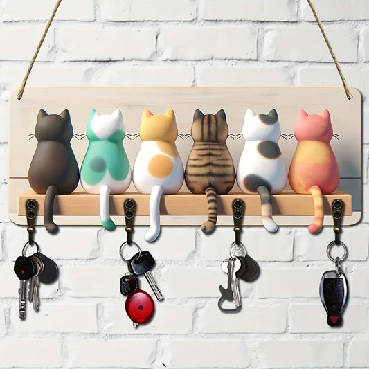 Modern Cat Wall-Mounted Key Hook – Wooden Art, 5.2x11.8"