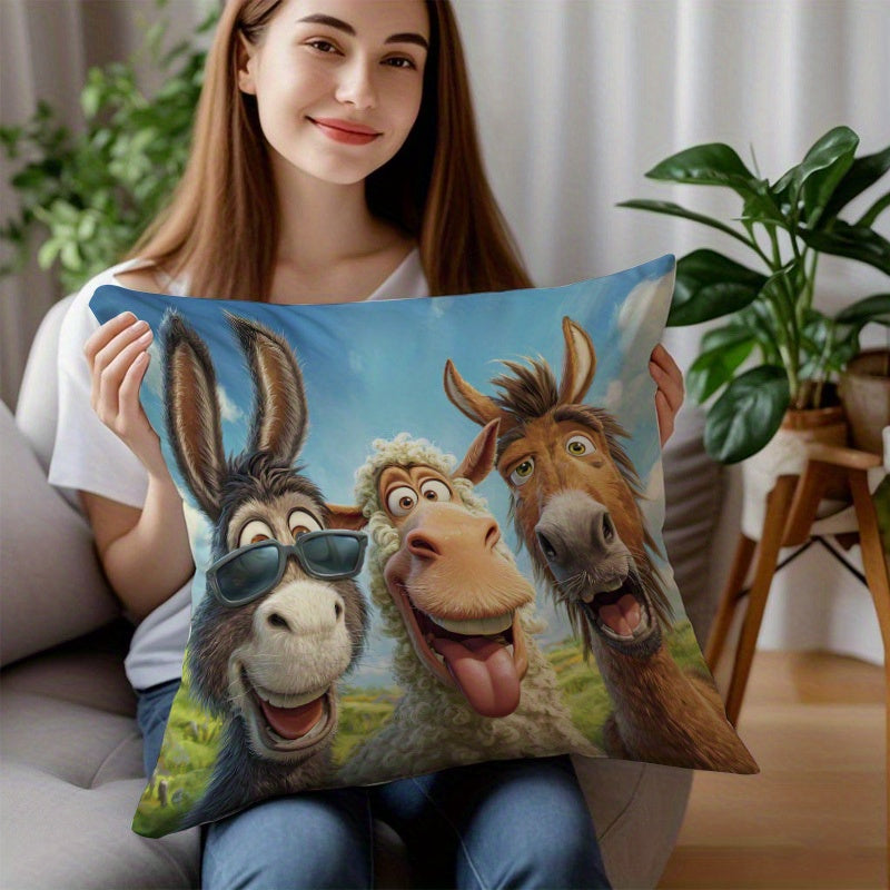 Farm Friends Selfie Pillow Cover – Donkey Mid-Laugh, 18"x18"