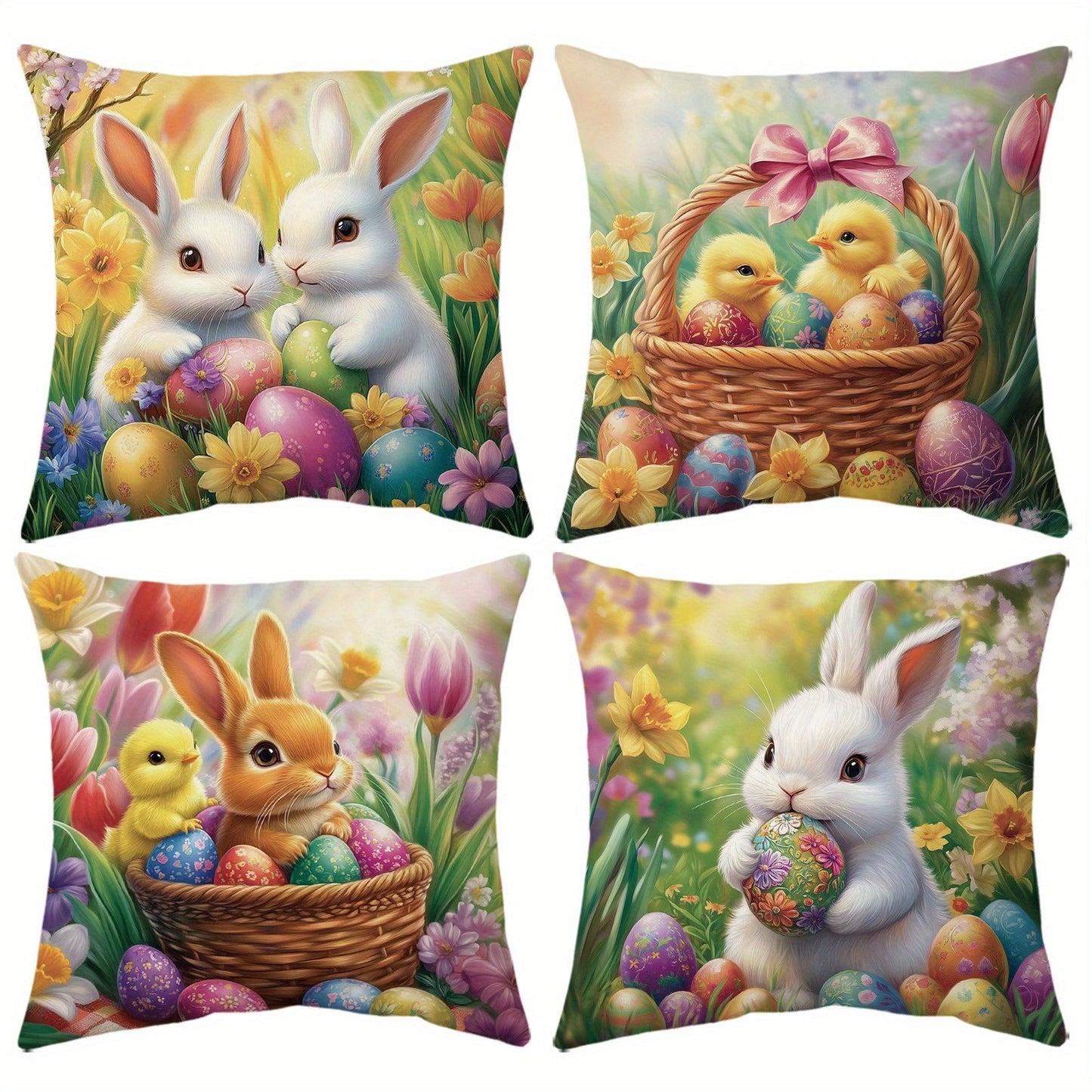 Soft 14x14 inch fleece pillow cover with watercolor-style Easter rabbits, chicks, and floral patterns, styled on a sofa for spring and holiday décor – Coastal Pillows Plus