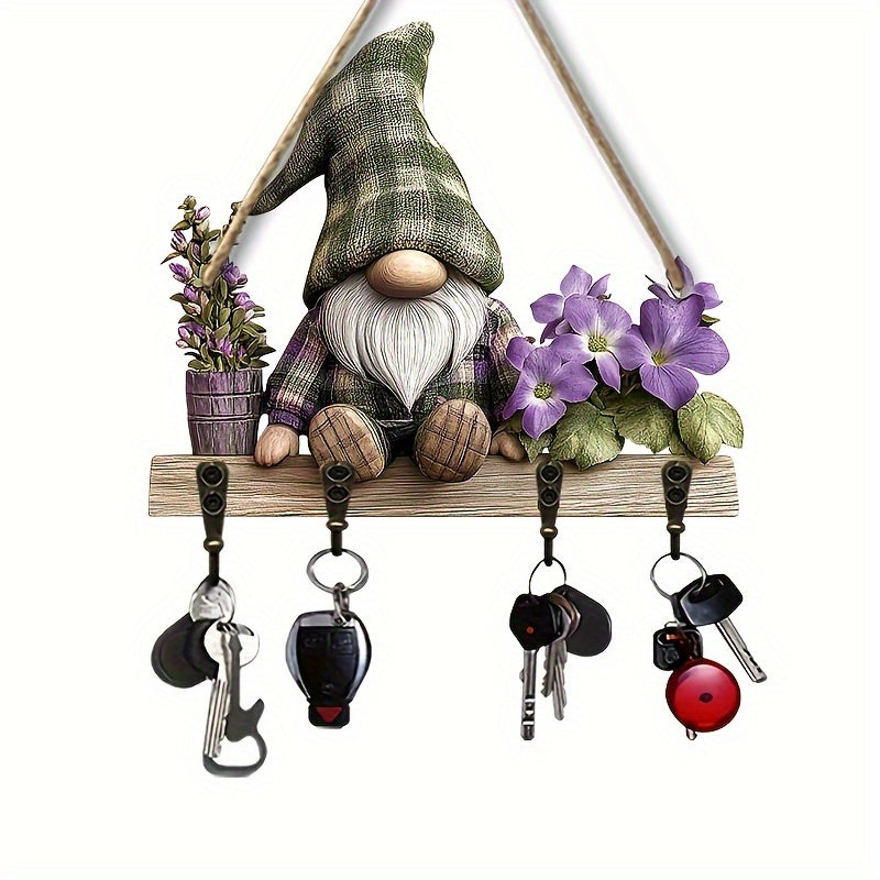 Whimsical Plaid Gnome Wall-Mounted Wooden Key Holder - 9.8x11.8" Functional Art décor for Entryways - Coastal Pillows Plus