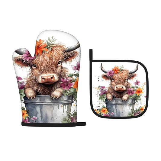2-Piece Highland Cow Floral Oven Mitt & Pot Holder Set – Heat Resistant, Non-Slip, (10.6x6.7")