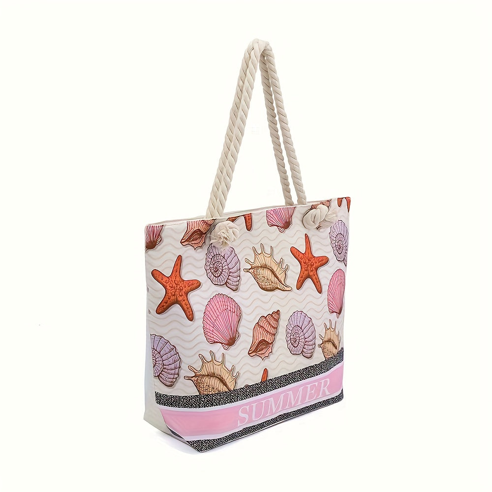 Large 13 by 14 inch nautical starfish and shells print nylon tote bag with a secure zipper closure and rope handles; do not wash for proper décor care.