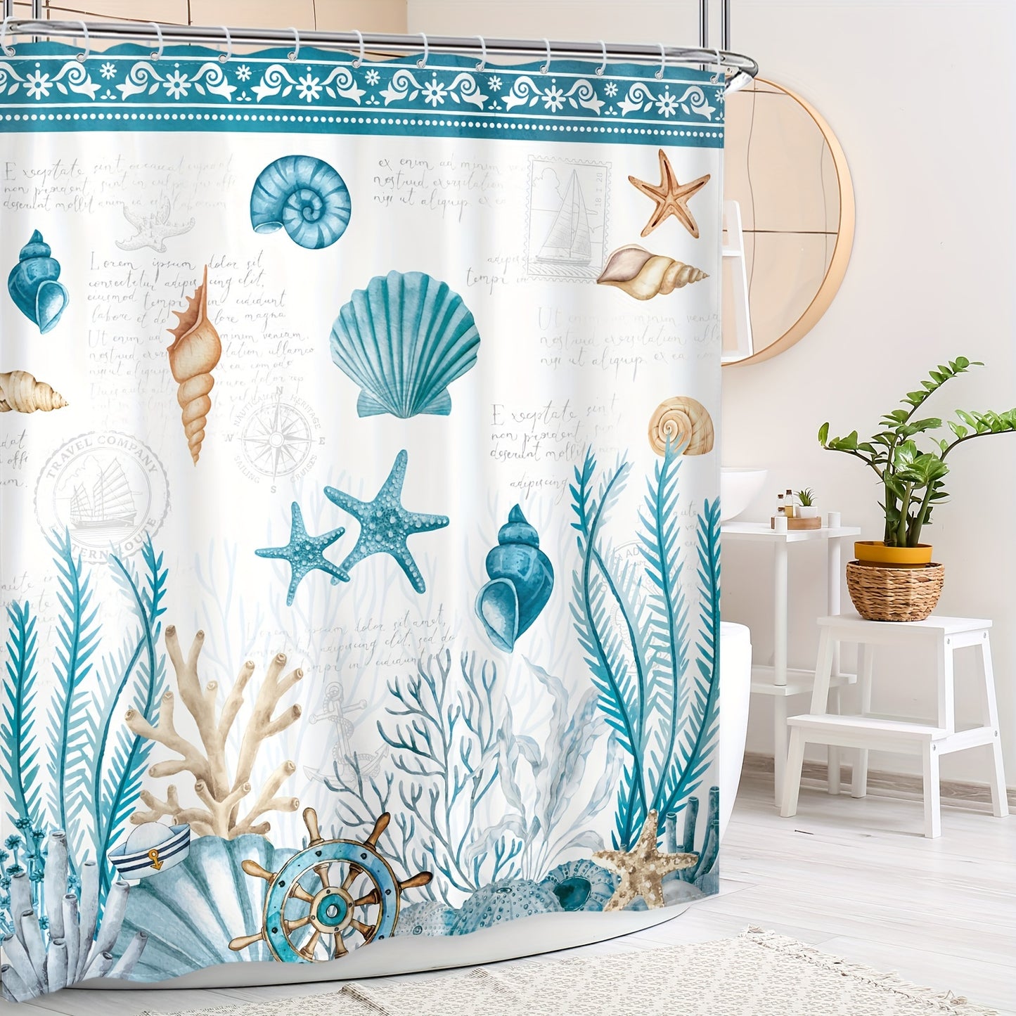 Illustrated Seashell & Coral Shower Curtain Set (4-Piece) – Blue & Teal