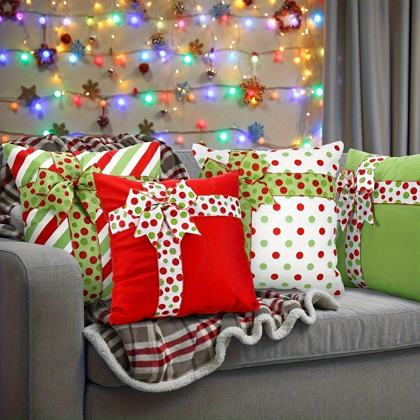 Christmas Holiday Pillow Covers – Modern Red & Green Dot Design, 18x18"