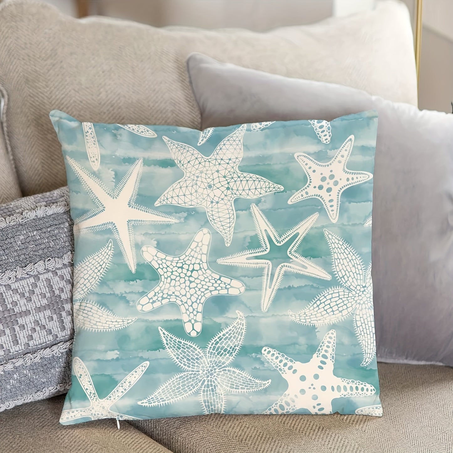 Linen Starfish on Blue Background Pillow Covers – 18x18 Inch Coastal Beach Decor