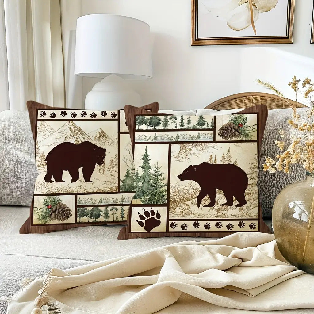 Rustic Bear & Deer Pillow Cover – Bear Facing Left, 18"x18"