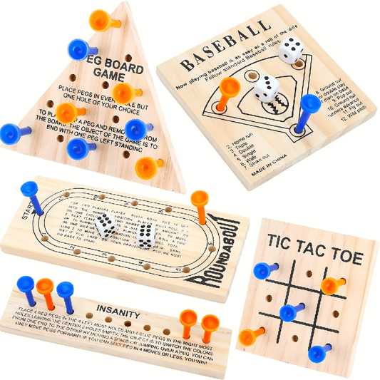 5-in-1 Family Multi-Game Set – Wooden Boards & Travel-Friendly Brain Teasers