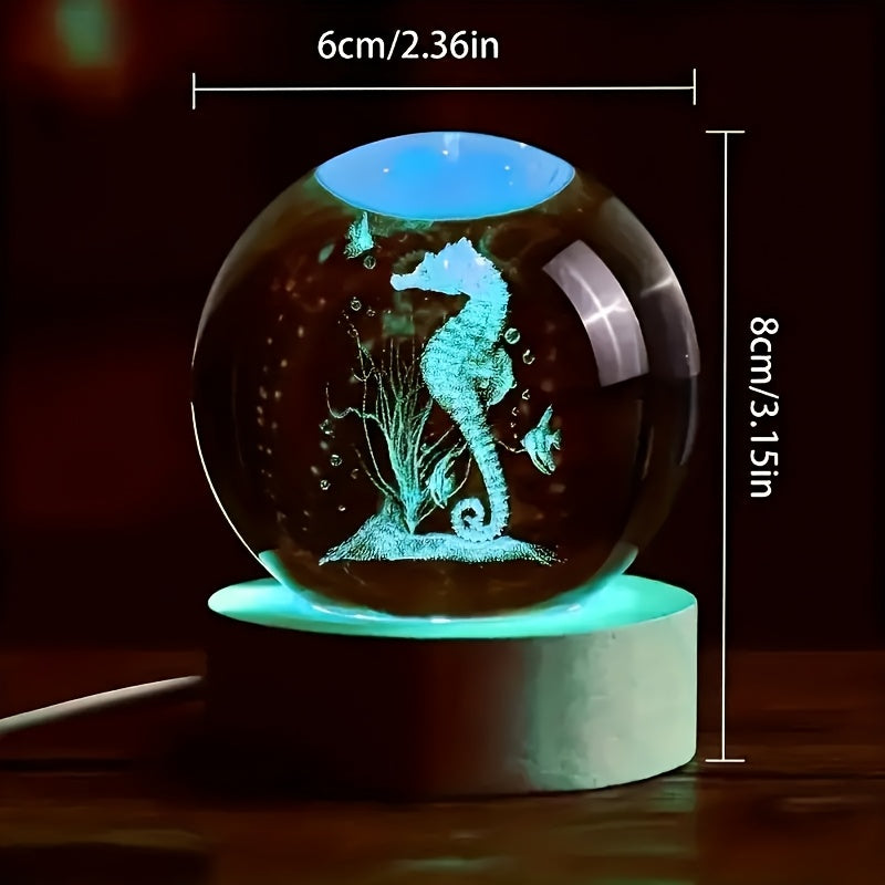 3D Seahorse Crystal Night Light – Color-Changing LED with Bamboo Base, 2"x3"