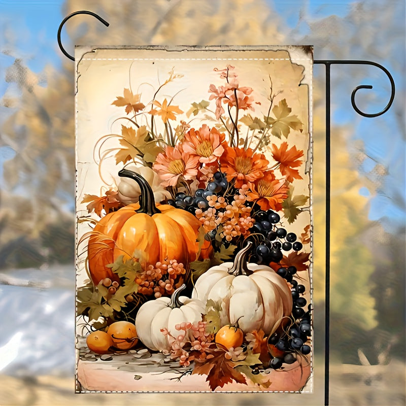 Vibrant 12x18 inch polyester garden flag with an autumn pumpkin and leaves still-life design for Thanksgiving décor – Coastal Pillows Plus.