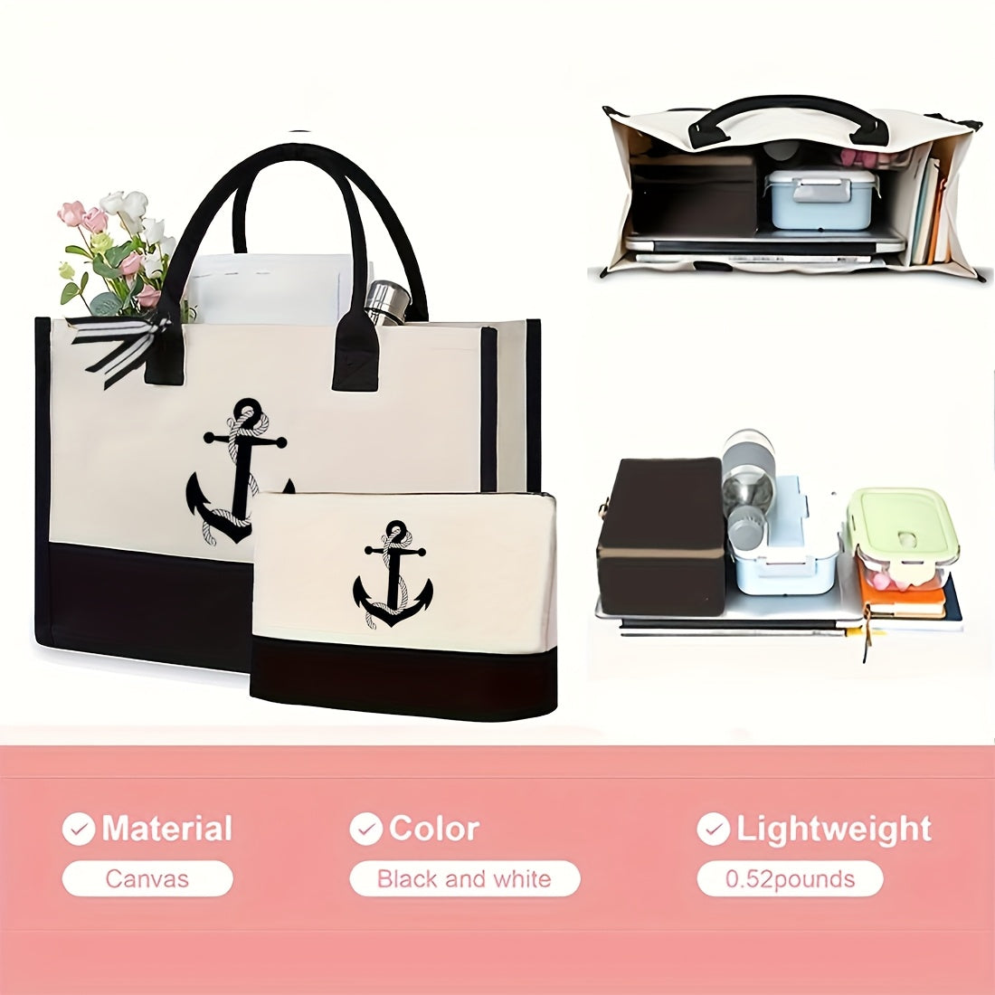 Large 17-Inch Nautical Anchor Tote + 7x9" Cosmetic Bag | Durable Navy Canvas-Polyester