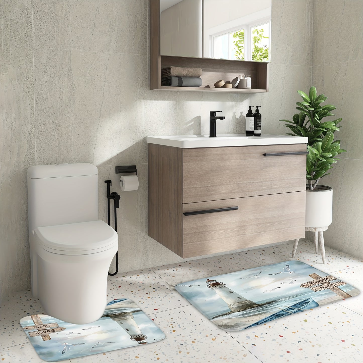 Illustrated Lighthouse & Rowboat Shower Curtain Set (4-Piece) – Soft Blue & Neutral