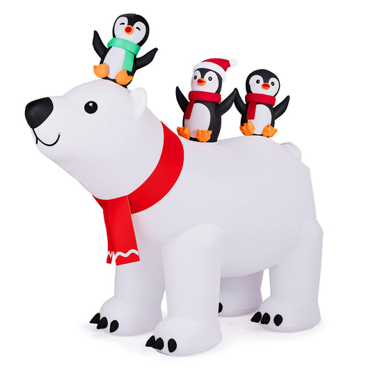 5ft Giant Inflatable Polar Bear with 3 Penguins & Santa Hat – Outdoor Christmas Decoration