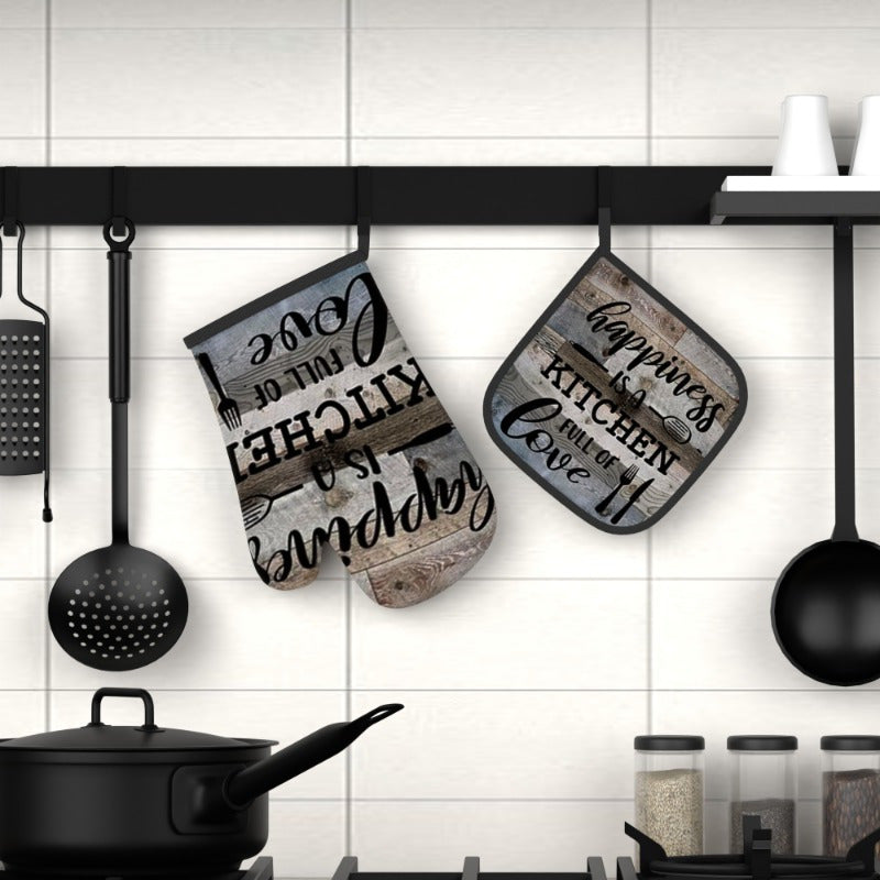 Wood Script Kitchen Set – Rustic, Heat-Resistant Oven Mitt & Potholder