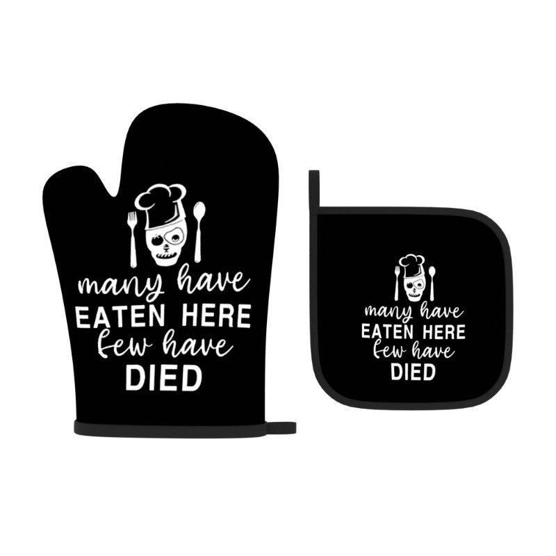 "Many have eaten here..." Heat-Resistant Oven Mitt & Pot Holder Set – Black with White