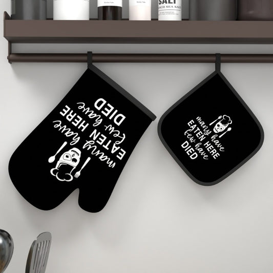 "Many have eaten here..." Heat-Resistant Oven Mitt & Pot Holder Set – Black with White
