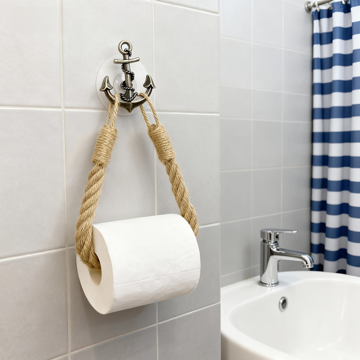 Nautical Anchor Jute Toilet Paper Holder – Rustic, No-Drill, Retro Bathroom Hardware