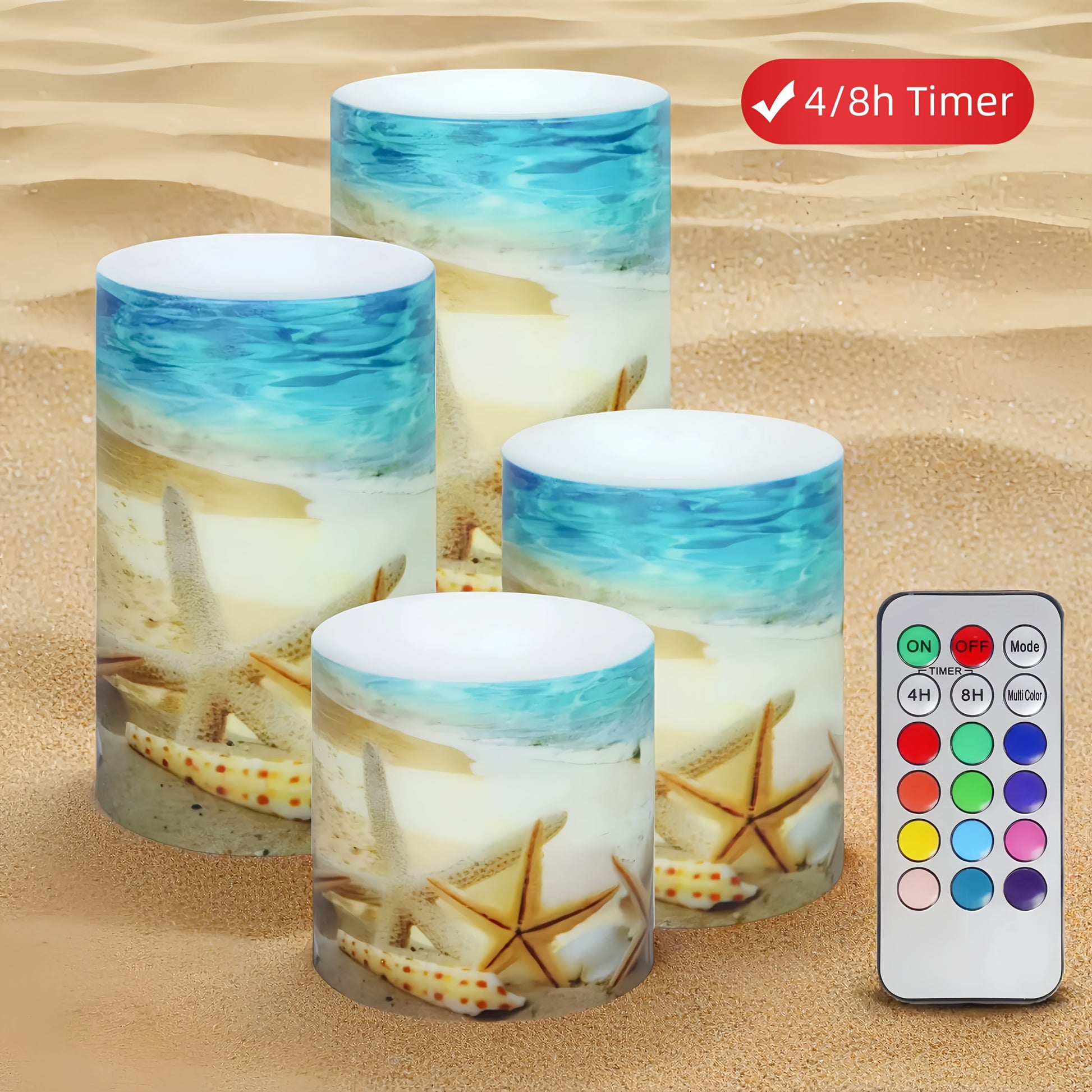 4-piece blue flameless LED candles featuring a beach scene with shells and starfish for a relaxed seaside home décor.