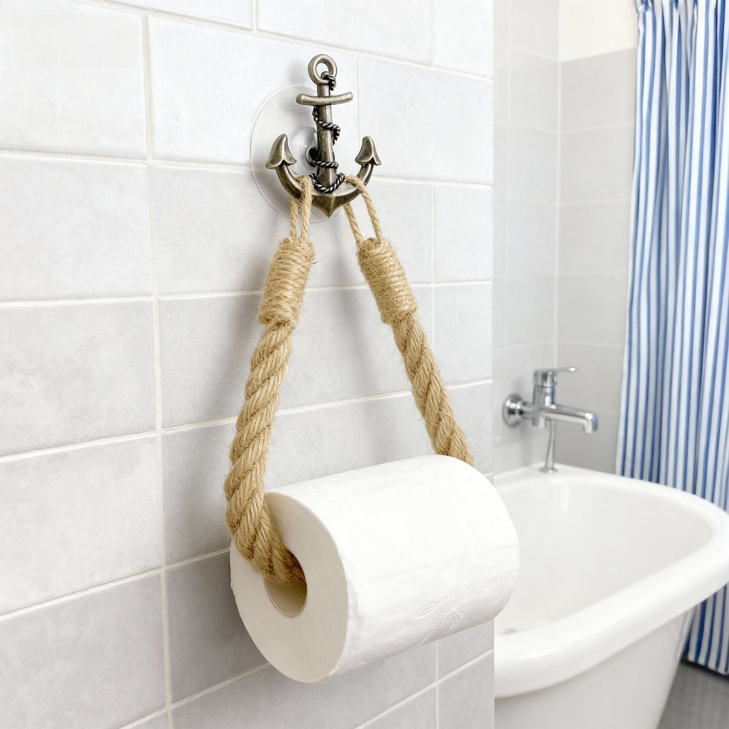 Nautical Anchor Jute Toilet Paper Holder – Rustic, No-Drill, Retro Bathroom Hardware