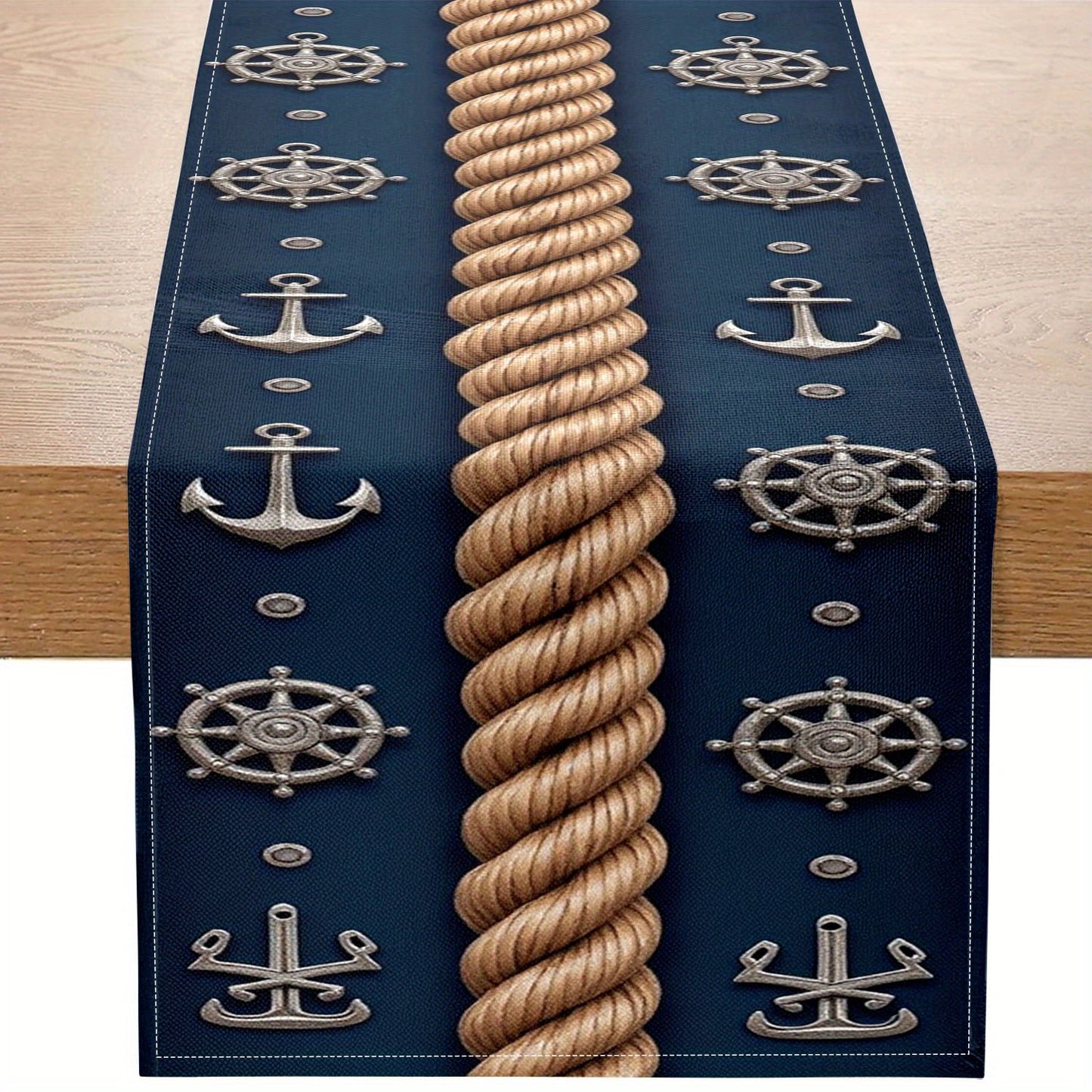 Nautical Table Runner – Navy with Golden Rope, Ship Wheel & Anchor Design, 12.99 x 72.05"