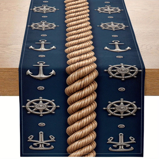 Nautical Table Runner – Navy with Golden Rope, Ship Wheel & Anchor Design, 12.99 x 72.05"
