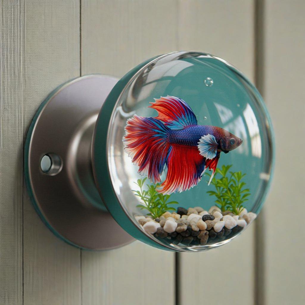 Vintage nautical resin door knob with a 3D guppy design in a clear globe, adding a touch of coastal charm to home décor.