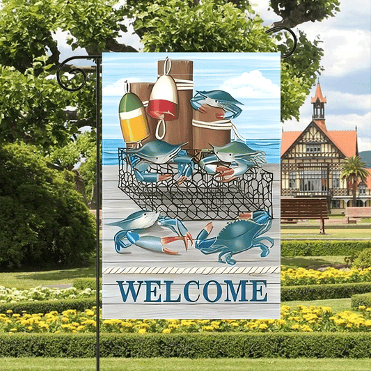 “Welcome” Fishing Crab Garden Flag – Double-Sided Coastal Burlap