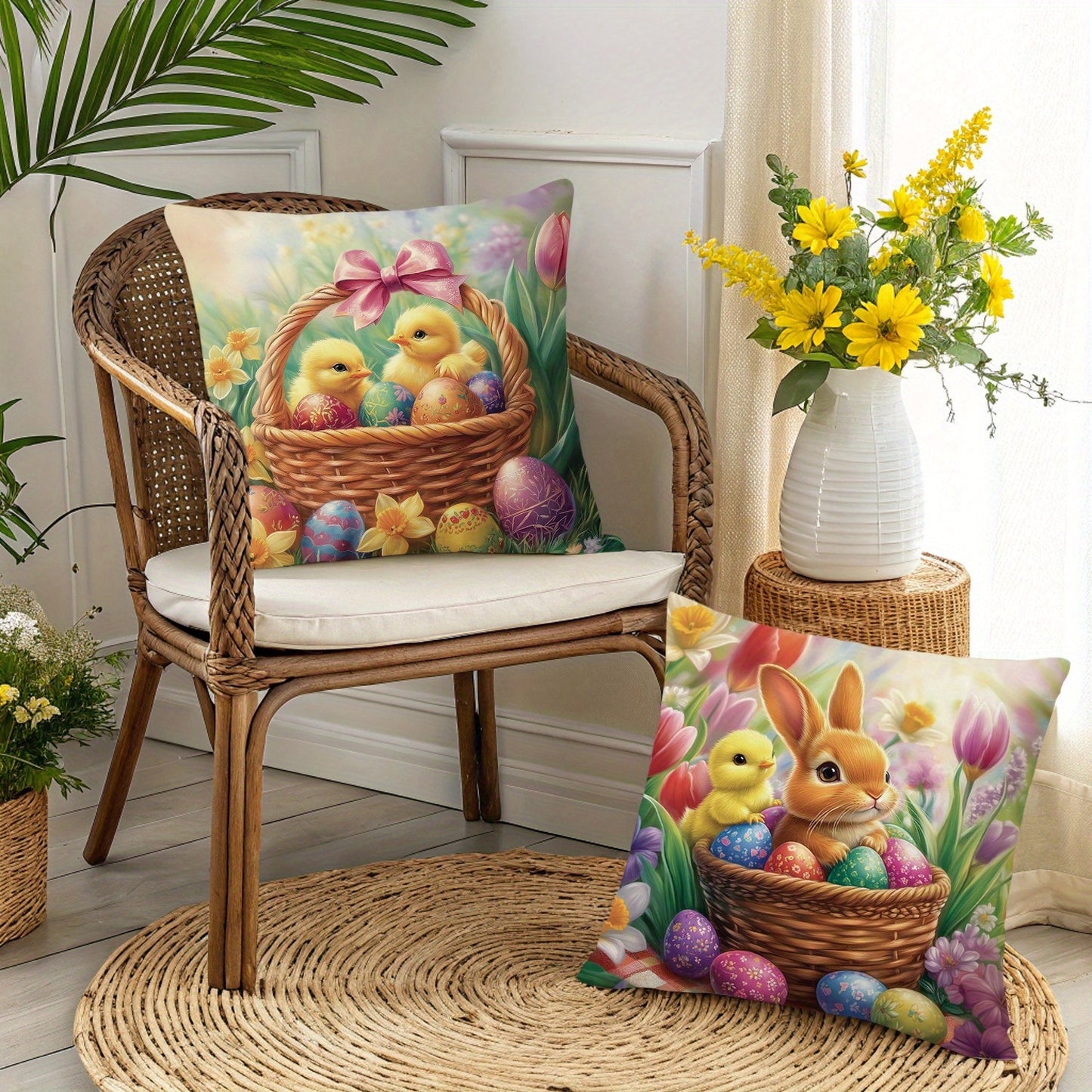 Spring Meadow Pillow Cover Collection – Bunny & Chick, 14"x14"