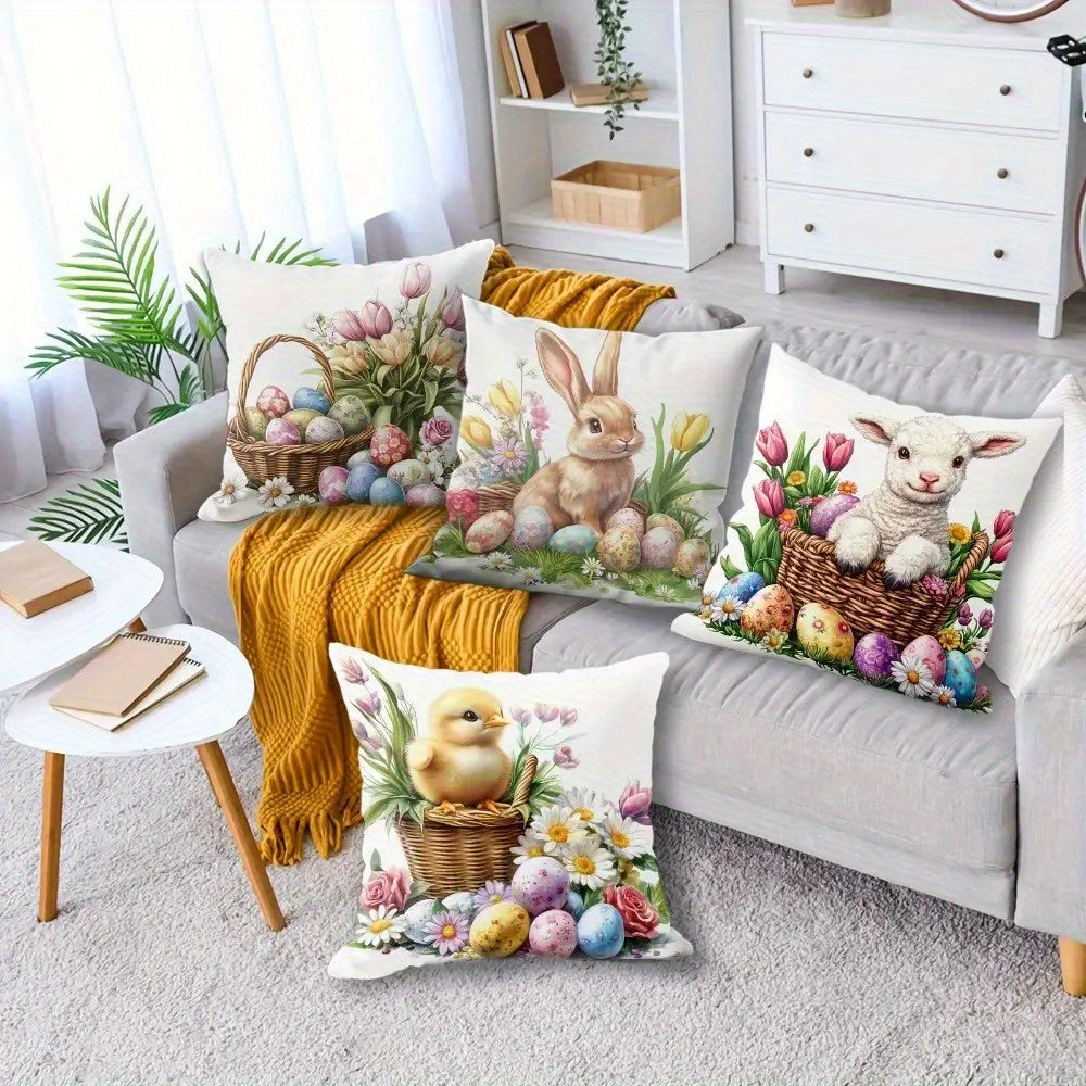 Enchanting 16x16 inch Easter pillow cover featuring watercolor bunny, chick, and lamb illustrations with spring florals for festive décor – Coastal Pillows Plus.