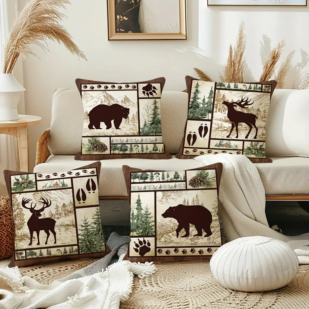 Artful Rustic Farmhouse Bear and Deer Animal Print Pillow Covers for Cottage Décor, 18x18" - Coastal Pillows Plus
