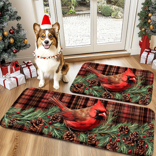 Holiday Red Cardinal Floor Mat – Pine Cones & Holly Berries on Red Plaid, 1.5'x2.5' / 1.5'x4'
